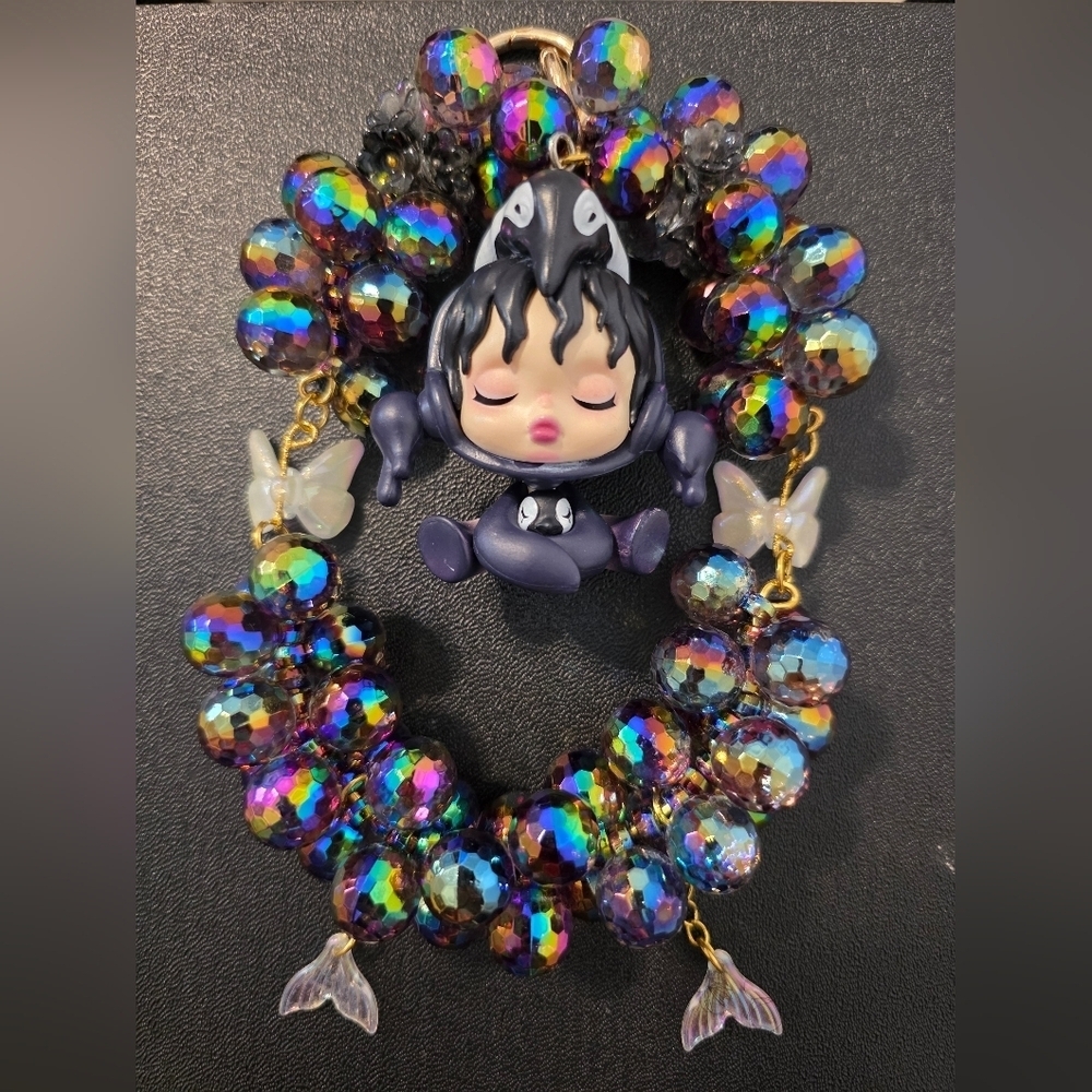Colorful Iridecent Beaded Bag Charm with Figurine Charm